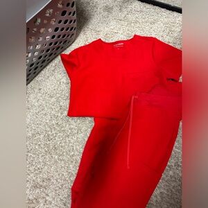 Mandala Scrubs set in candy red. Small top and XSP cargo pants